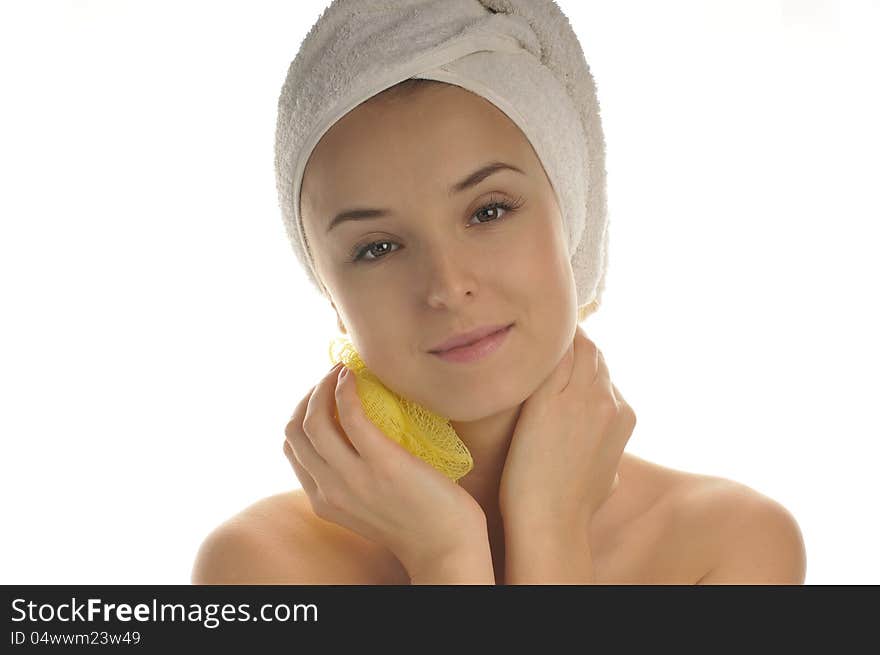 Beautiful woman washing your neck yellow sponge