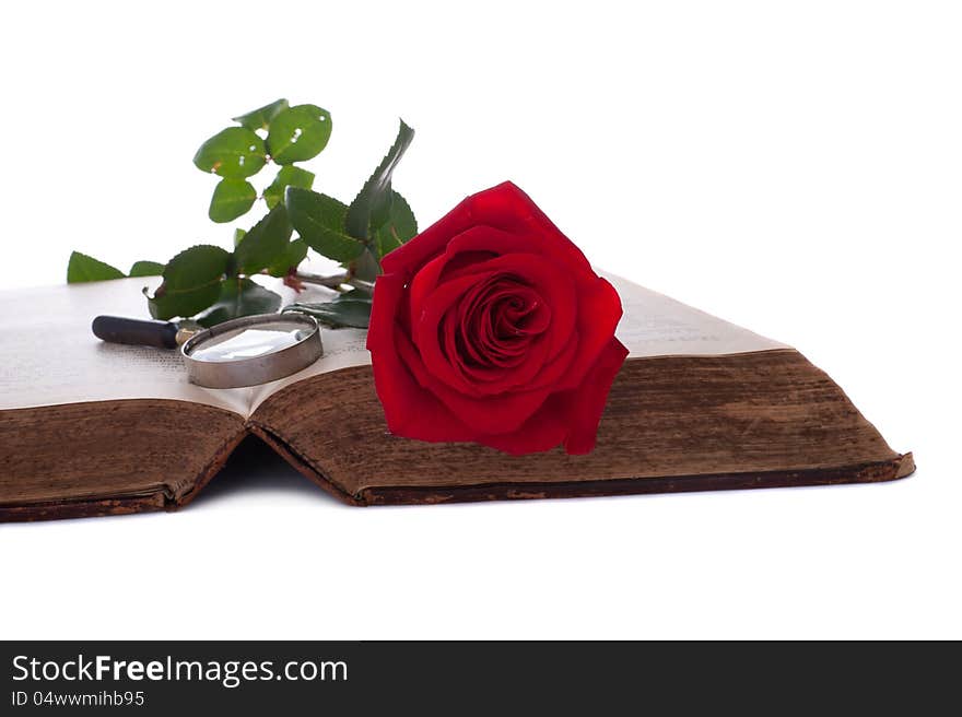 Open Book With Rose And Magnifying Glass