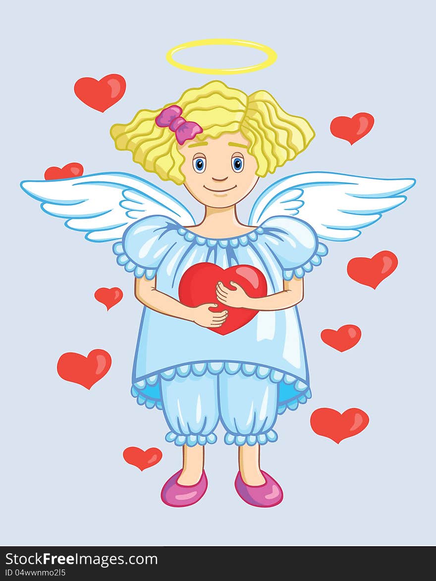 Smiling little angel holding a heart, vector illustration. Smiling little angel holding a heart, vector illustration