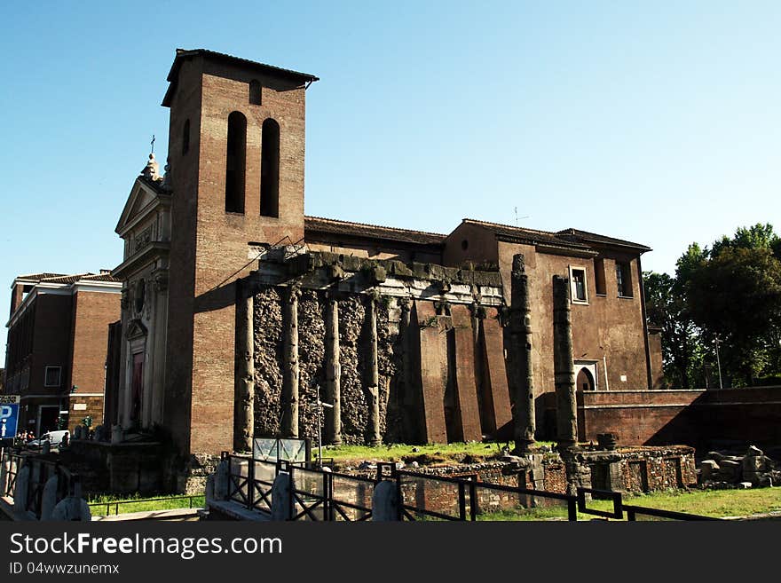 The old church of s. nicola in carcere at rome in italy builded with roman ruins. The old church of s. nicola in carcere at rome in italy builded with roman ruins