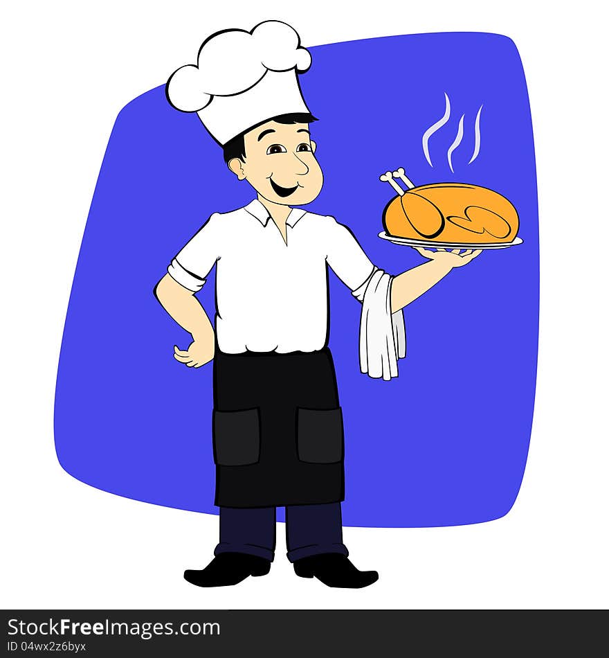 Cook in uniform standing with turkey on the plate