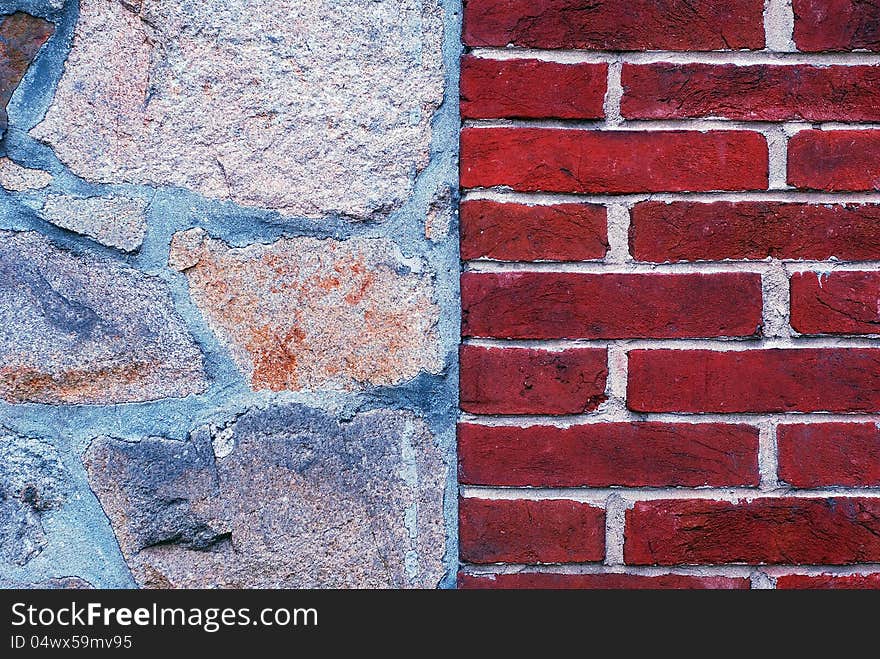 Old wall in half with stones and bricks