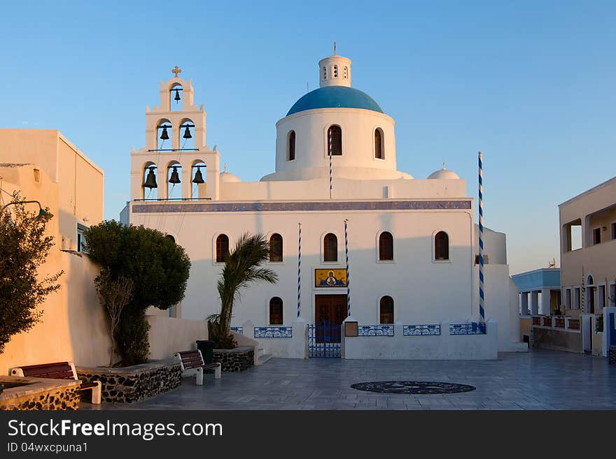 Church of the island of Santorini against the bright sky