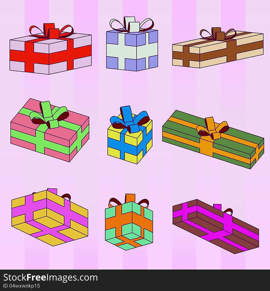 Colorful gift boxes series striped pattern background vector. Colorful gift boxes series striped pattern background vector