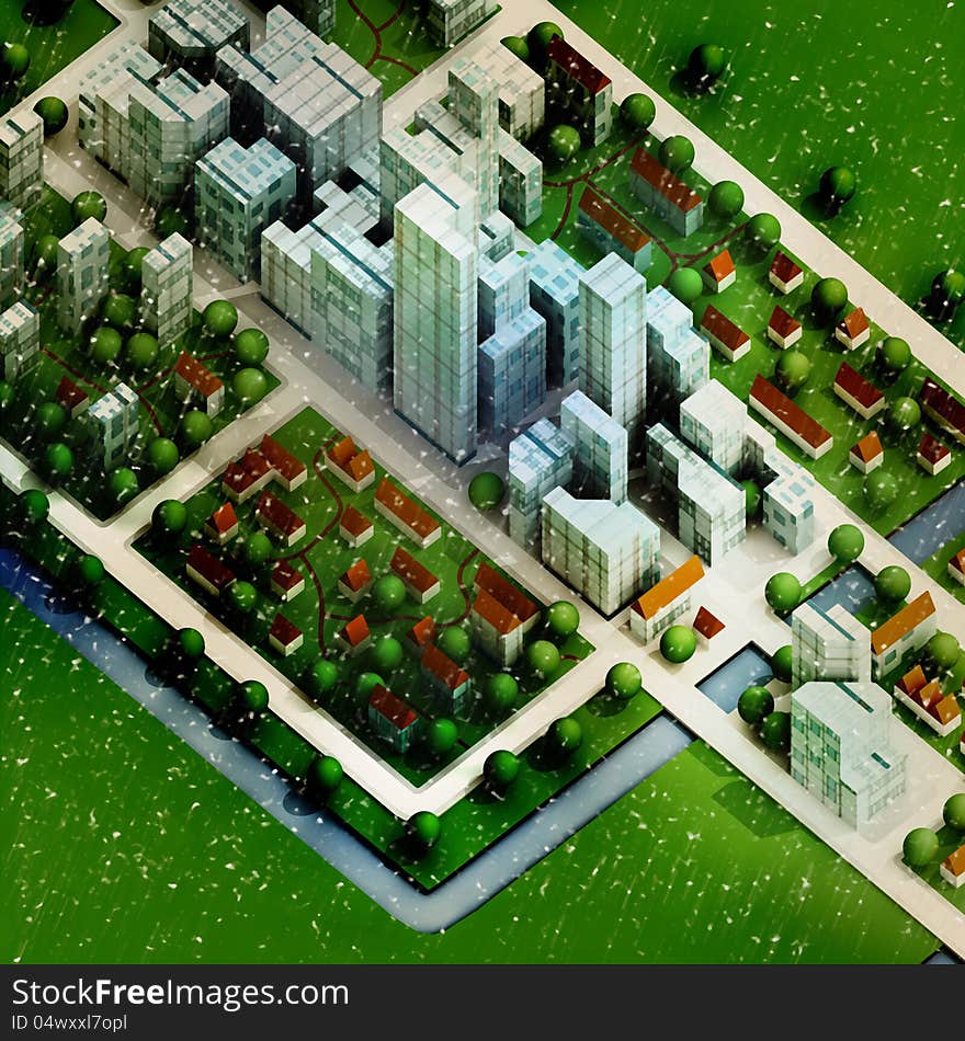 Enviromantal new sustainable city winter concept development illustration perspective render illustration