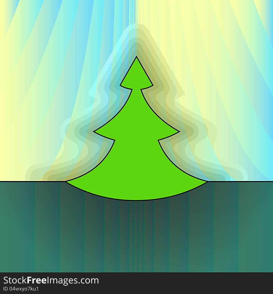 Modern shape christmas tree on light yellow curtain vector card. Modern shape christmas tree on light yellow curtain vector card