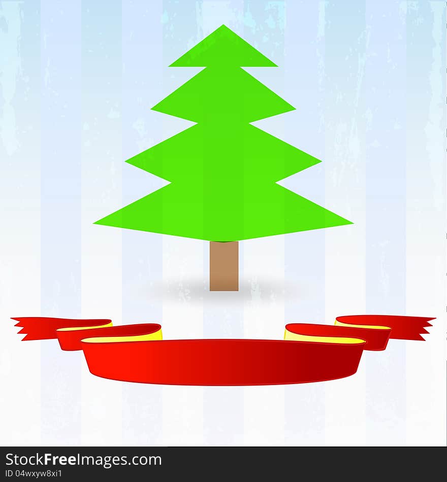 Green tree with red ribbon down on striped blue background vector illustration