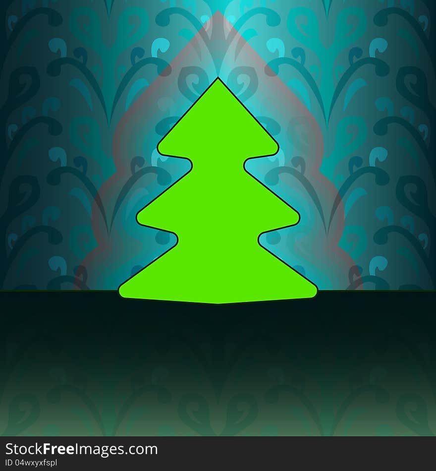 Round shape christmas tree on blue floral pattern vector card