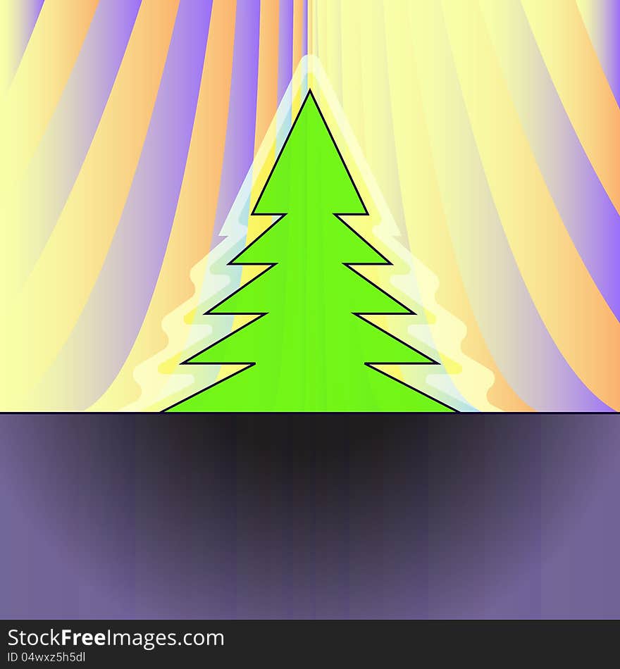 Christmas tree silhouette on orange violet curtain vector card. Christmas tree silhouette on orange violet curtain vector card