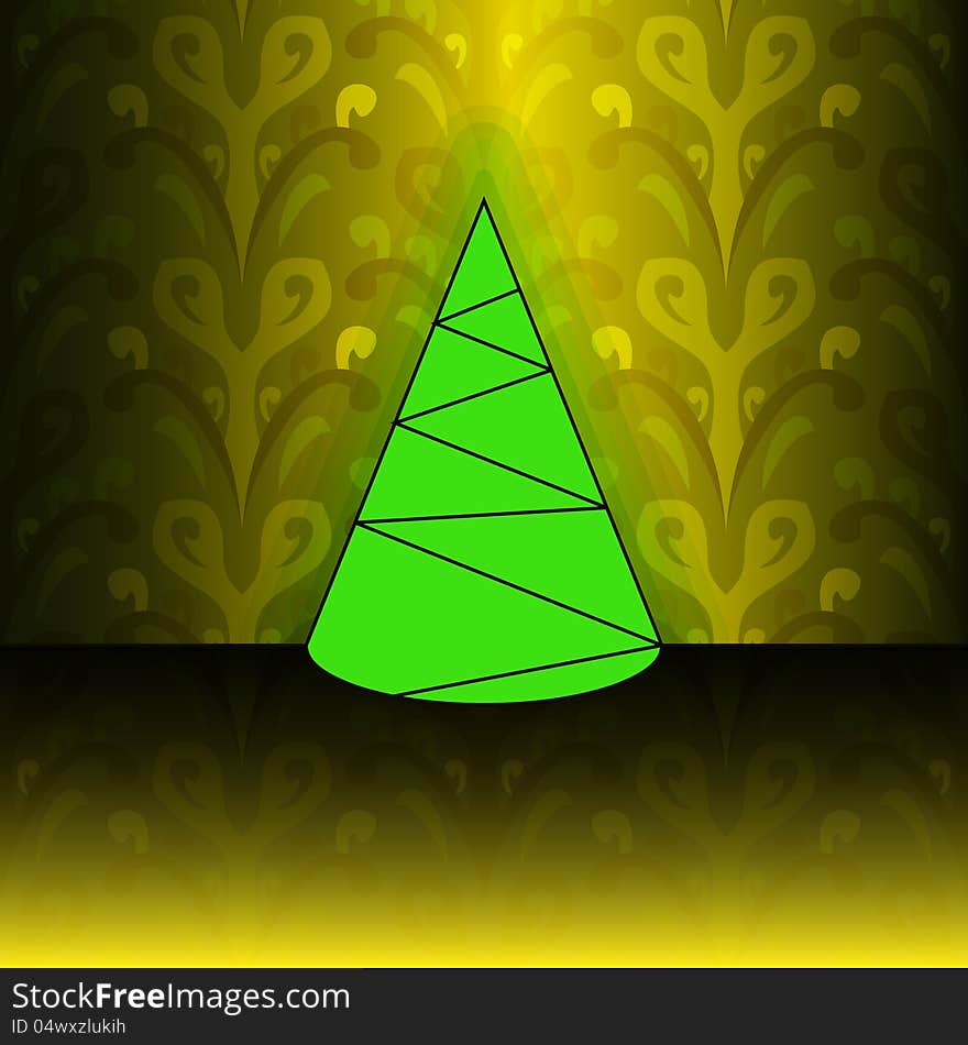 Conical christmas tree on yellow floral pattern