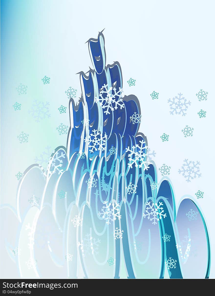 Abstract blue elliptic shapes with falling snow card vector template. Abstract blue elliptic shapes with falling snow card vector template