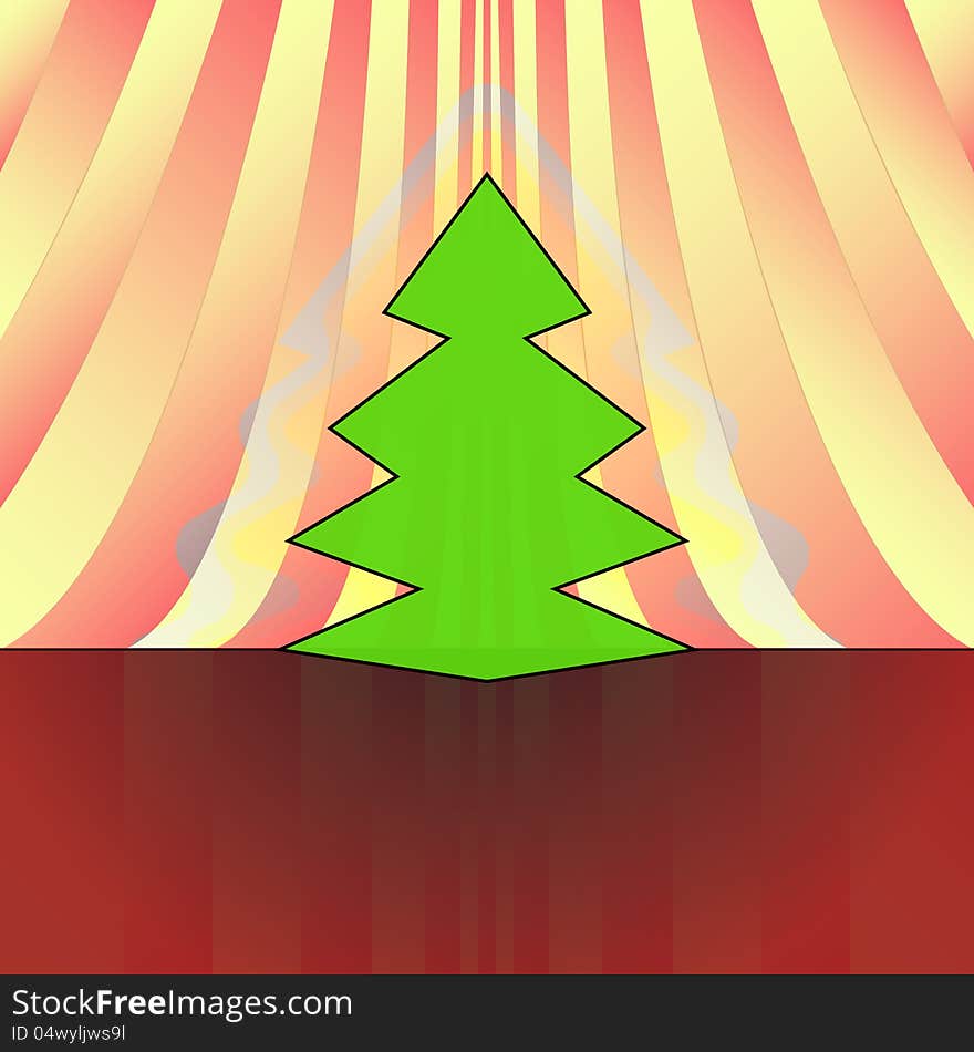 Sharp shape christmas tree on red yellow curtain card. Sharp shape christmas tree on red yellow curtain card