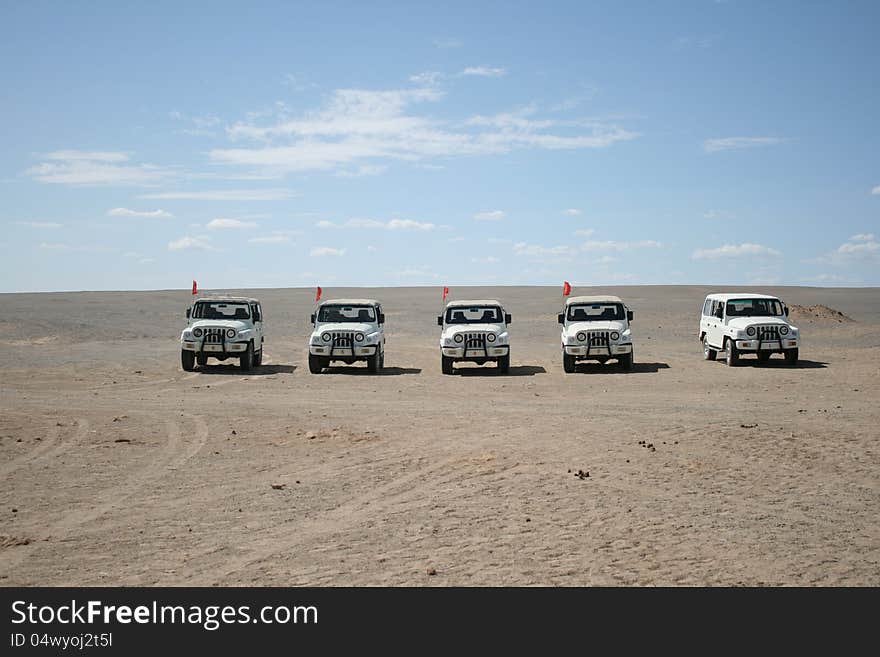 Jeeps in the Gobi desert, Dunhuang China