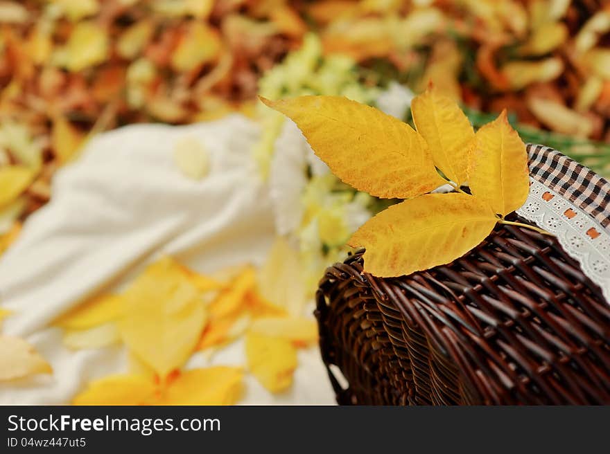 On the background of leaves is woven basket and bouquet of autumn flowers. On the background of leaves is woven basket and bouquet of autumn flowers