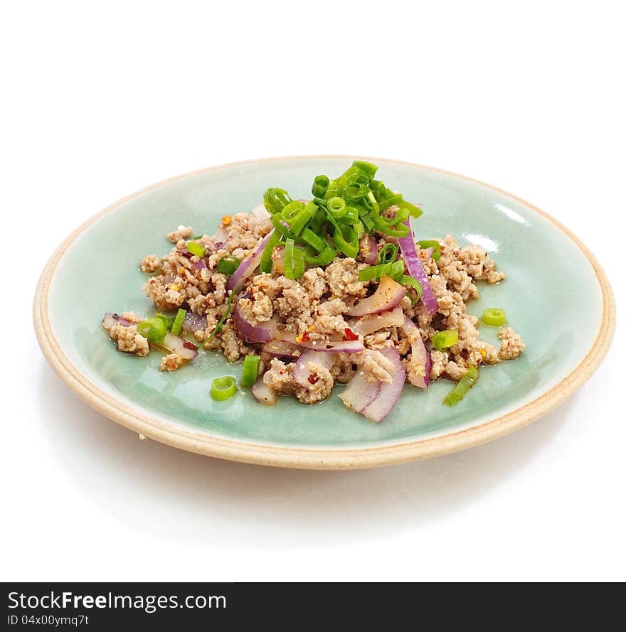 Spicy minced pork salad , Thai food on white background