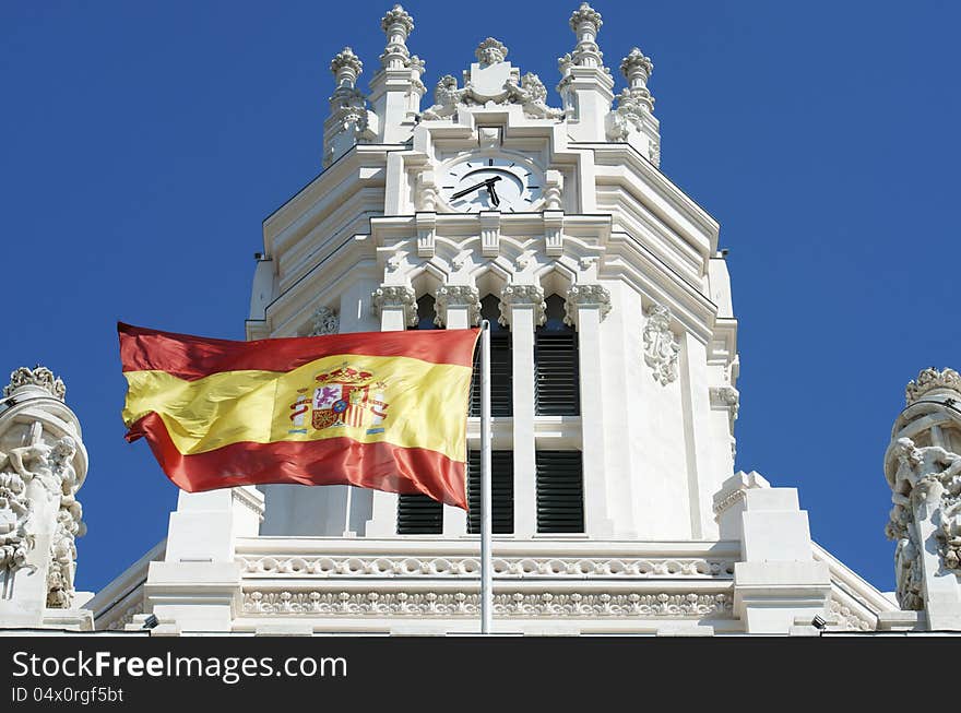 Exterior view of the facade of the Palacio de Cibeles, formerly known as Communications Palace, is the town hall of Madrid, Plaza de Cibeles, Madrid, Spain