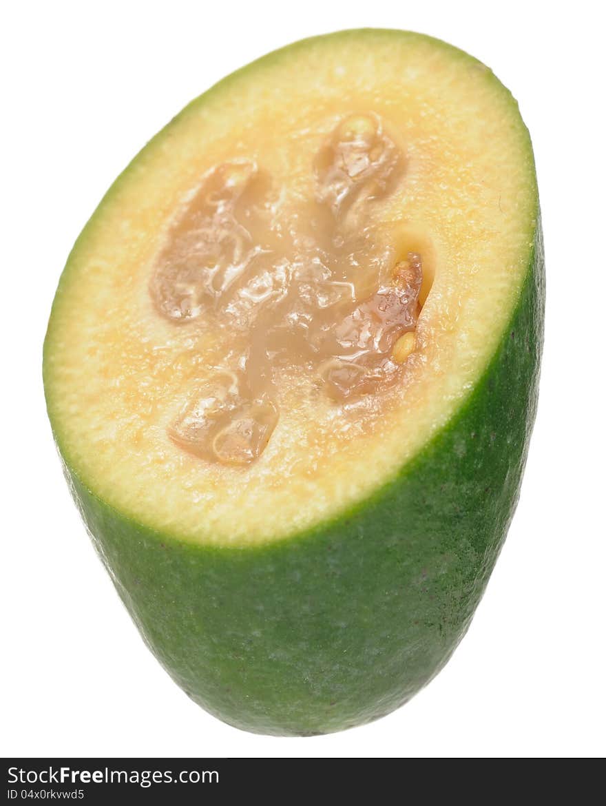 A close-up of feijoa (pineapple guava or guavasteen) fruit cross section isolated on a white background. A close-up of feijoa (pineapple guava or guavasteen) fruit cross section isolated on a white background