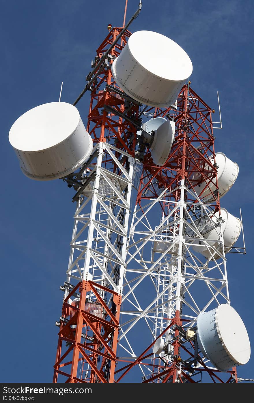 Bottom view of a telecommunications towers with a clear blue sky, La Muela, Saragosa, Aragon, Spain