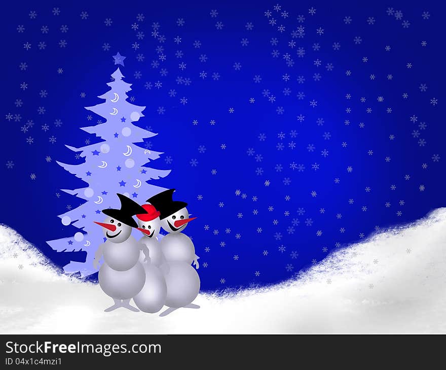 Funny snowman on the background of the Christmas tree's greetings