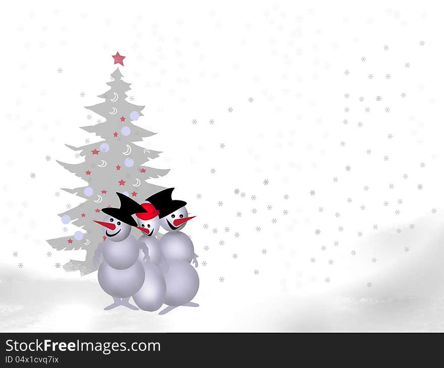 Funny snowman on the background of the Christmas tree's greetings