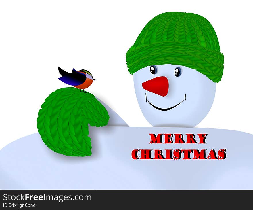 Jolly snowman in a hat and scarf with a bird. Jolly snowman in a hat and scarf with a bird