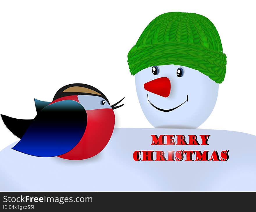 Jolly snowman in a hat and scarf with a bird. Jolly snowman in a hat and scarf with a bird