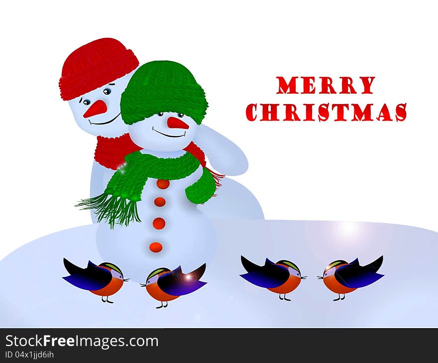 Two snowmen in hats, scarves congratulates. Two snowmen in hats, scarves congratulates