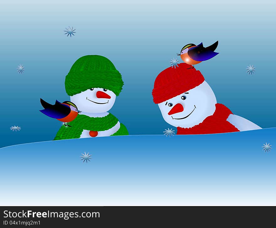 Greeting card with Christmas and New Year. Snowmen in scarves and hats, bird bullfinch. Greeting card with Christmas and New Year. Snowmen in scarves and hats, bird bullfinch.