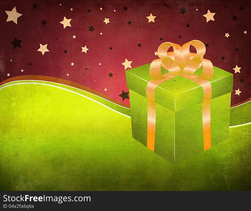 Illustration of green gift box with golden bow on grunge background. Illustration of green gift box with golden bow on grunge background.