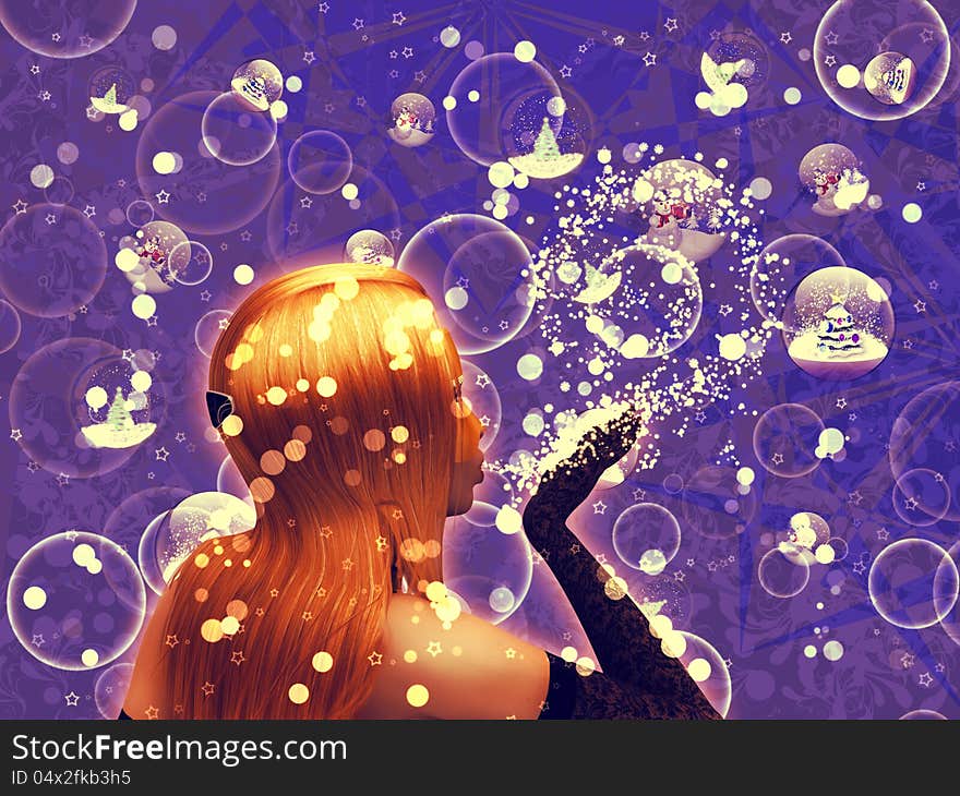 Illustration of beautiful 3d girl blows snow on christmas background with bubbles. Illustration of beautiful 3d girl blows snow on christmas background with bubbles.