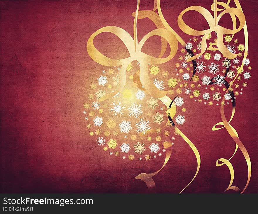 Illustration of snowflake balls with ribbons grunge backgrund. Illustration of snowflake balls with ribbons grunge backgrund.