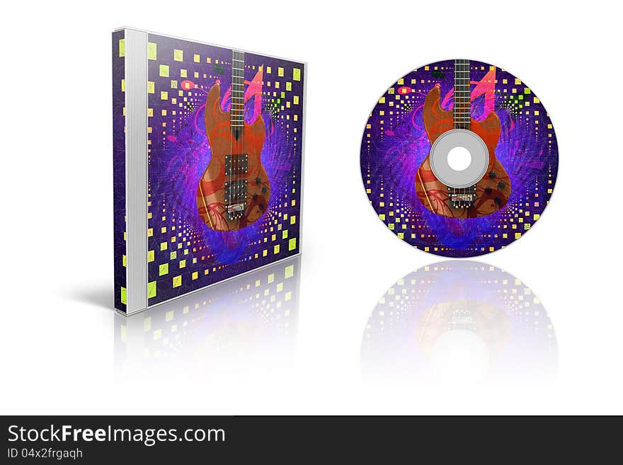 Illustration of cd cover and disc with guitar and notes. Illustration of cd cover and disc with guitar and notes.