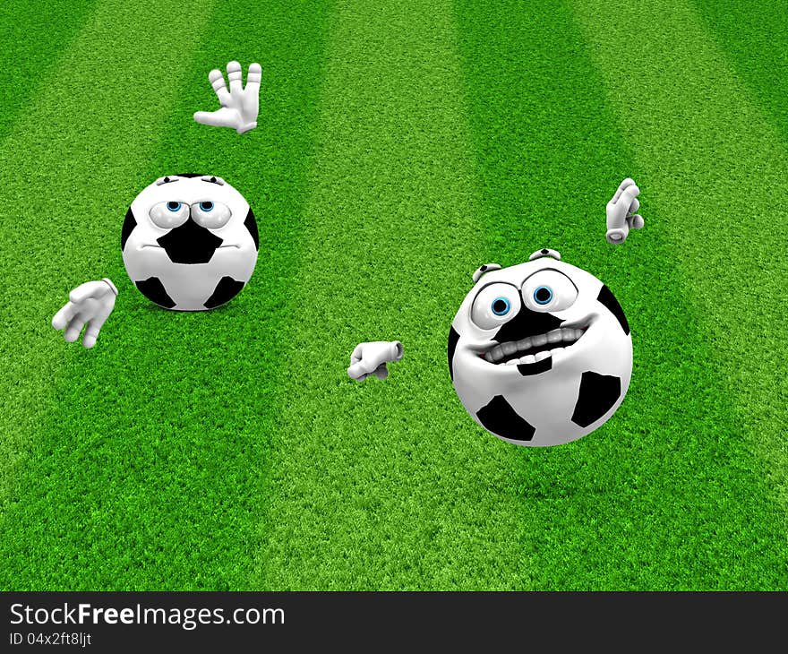 Illustration of 3d soccer ball smilies on green grass. Illustration of 3d soccer ball smilies on green grass.