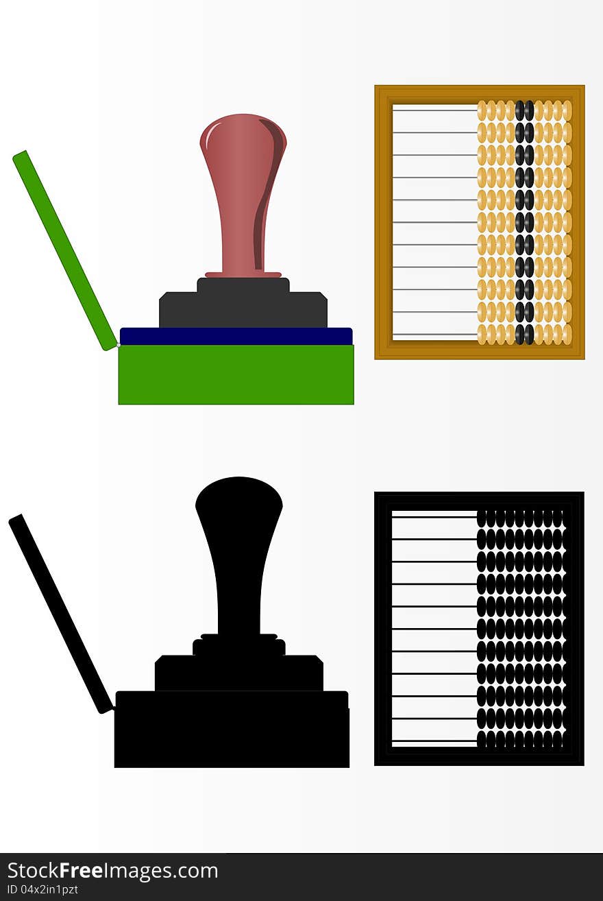 A box with a stamp and abacus.