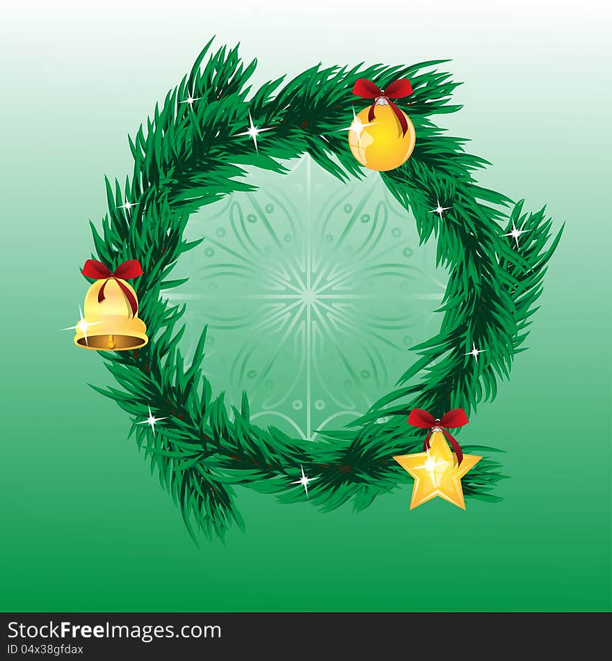 сhaplet from spruce branches is decorated by new-year decorations on a green background. сhaplet from spruce branches is decorated by new-year decorations on a green background