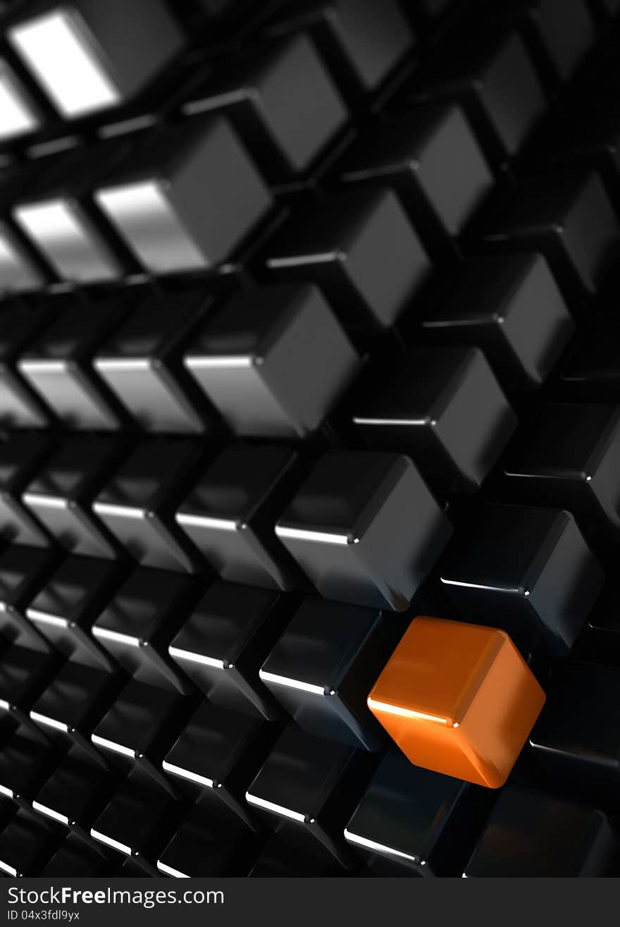 Orange cube with many black cubes, unique or difference concept, vertical business background. Orange cube with many black cubes, unique or difference concept, vertical business background