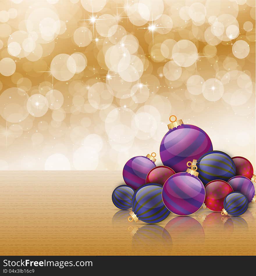 Christmas baubles on background of defocused golden lights. Christmas baubles on background of defocused golden lights.