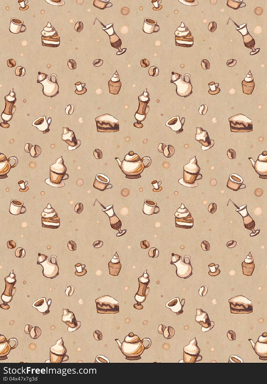 Seamless pattern with coffee, cakes, cups, teapots. Seamless pattern with coffee, cakes, cups, teapots