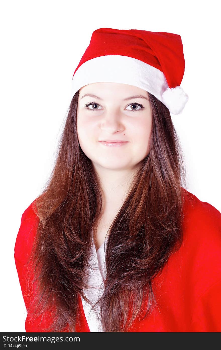 Pretty young lady dressed as Santa Claus isolated