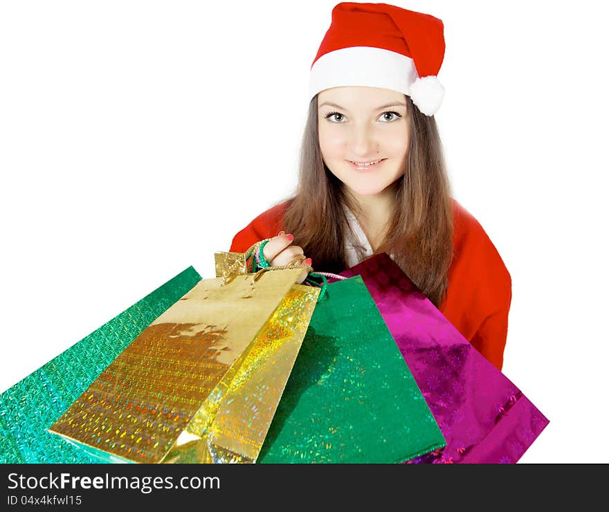 Cute Teen Girl Dressed As Santa With Presents