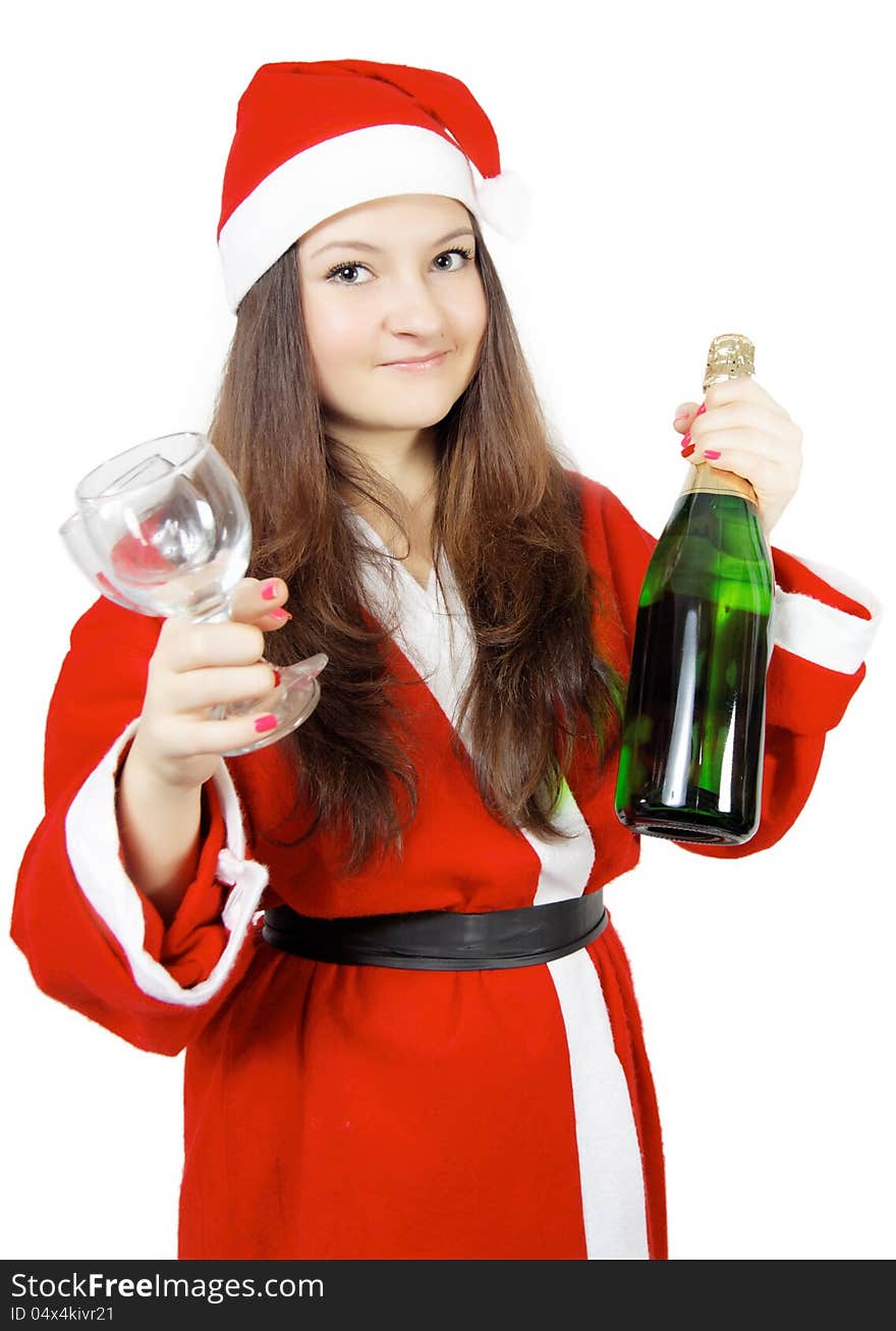 Cute teen girl dressed as Santa with champagne