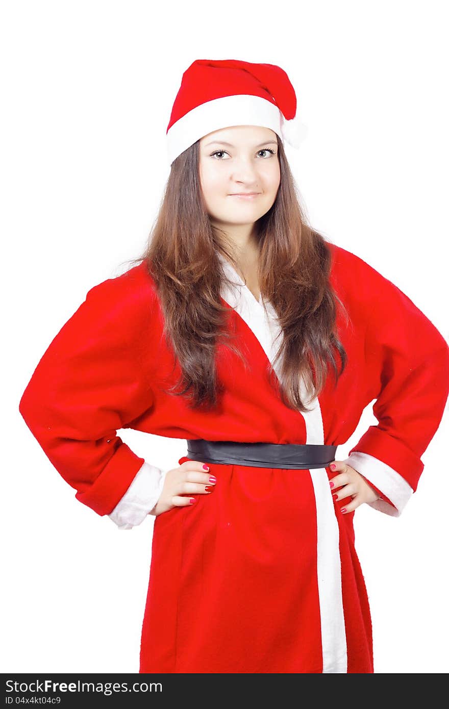 Pretty young girl dressed as Santa isolated on white background