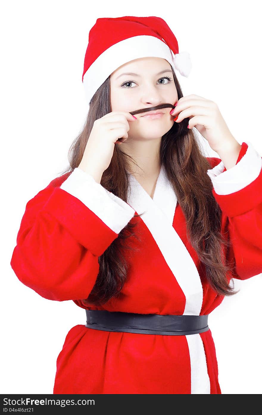 Portrait of pretty young girl dressed as Santa isolated