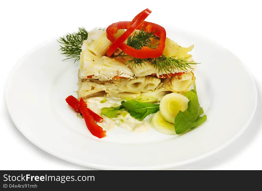 Penne pasta with sauce in the white plate