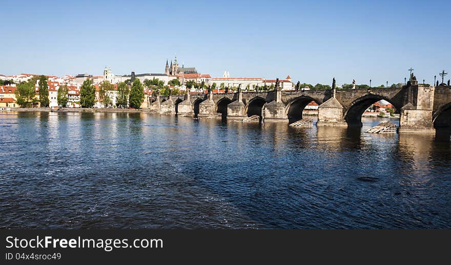 View of the Charles Bridge on the Vltava river in Prague