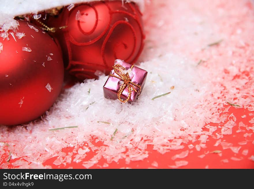 Tree ornaments, wreaths, on a red background. Tree ornaments, wreaths, on a red background