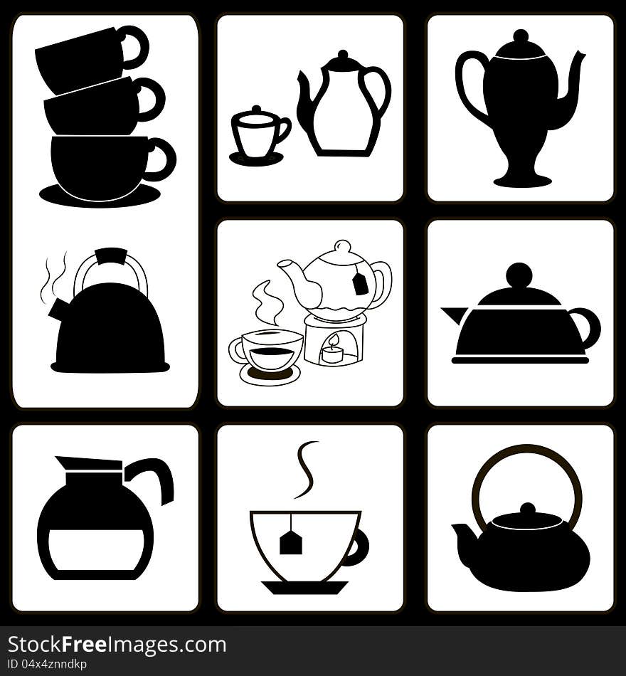 Vector illustration of teapots and cups icons. Vector illustration of teapots and cups icons