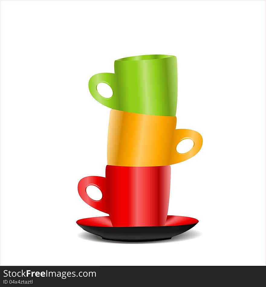 Three colorful cups make a tower on white background. Three colorful cups make a tower on white background