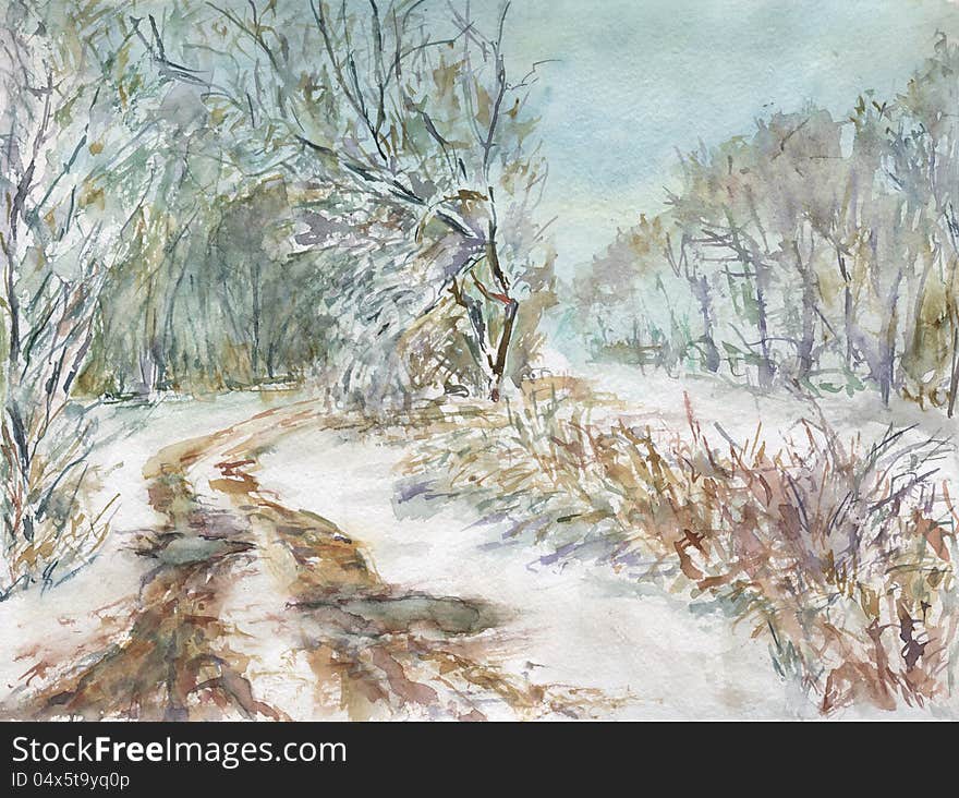 Watercolor painting. Winter landscape.