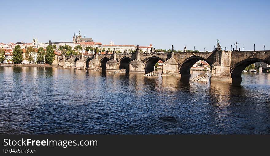 View of the Charles Bridge on the Vltava river in Prague